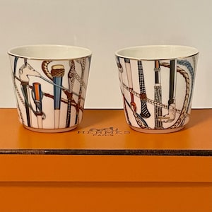 Rare Hermès Porcelain Cups “Cheval d’Orient” – Set of Two with Original Box – Vintage Collector’s Item