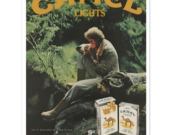 Affiche de publicité de magazine vintage Camel Lights, impression de cigarettes rétro, art mural publicitaire vintage, décoration de chariot de bar