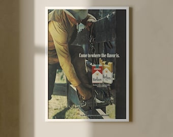 Vintage Marlboro Cowboy Magazine Ad Poster, Retro Cigarette Print, Western Wall Art, Bar Cart Decor