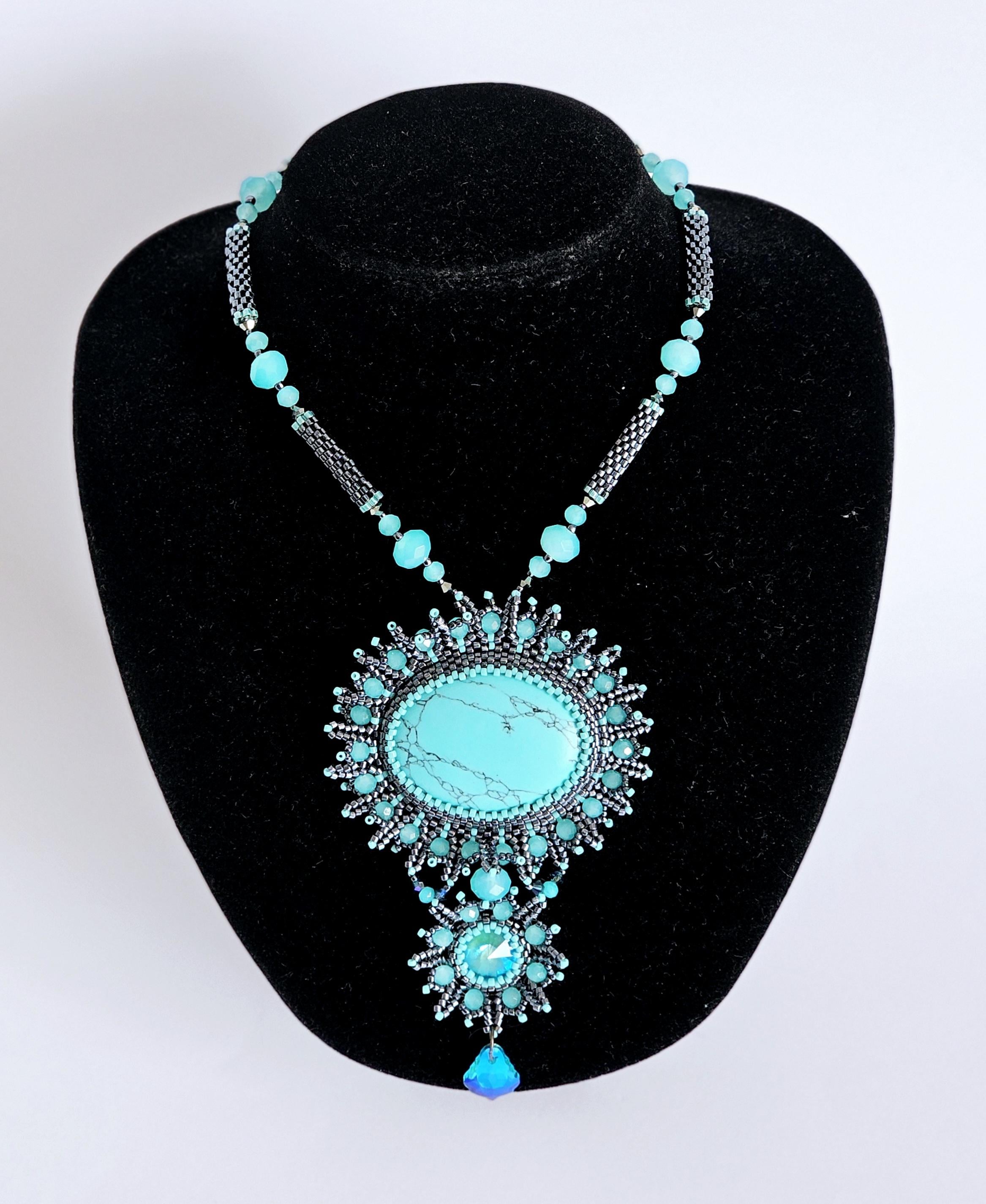 Beading tutorial-Blue Heaven Necklace,Beading pattern,Beading tutorial, Necklace pattern,Necklace tutorial,pattern,pendant tutorial