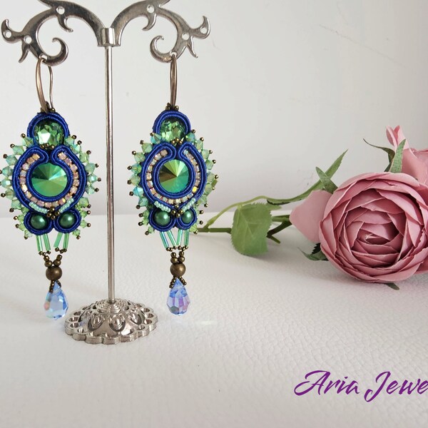 Soutache Earrings,  Dangling earrings, Green earrings,  Bronz  , Swarovski crystals, Colored earrings,  Gift for her, Handmade