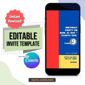 Bewerkbare, door Sonic geïnspireerde verjaardagsuitnodiging met nieuw hoofdstukthema, gekostumeerde feestuitnodiging, kinderverjaardagsfeestje | Direct downloaden en openen