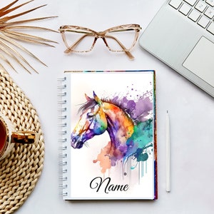May include: A watercolour painting of a horse's head with splashes of purple, blue, green, and orange paint. The horse's head is facing left and the painting has the word "Name" at the bottom.