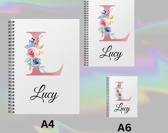 Personalized Pink Floral Initial Notebook, Handmade Spiral Bound Stationery