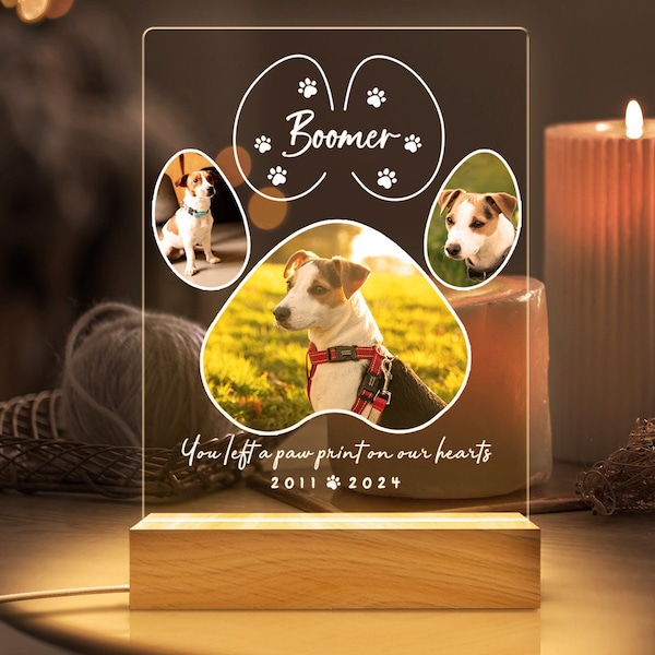 Veilleuse à la mémoire d'un animal de compagnie, plaque personnalisée pour animal de compagnie, veilleuse pour animal de compagnie, photo d'animal de compagnie personnalisée, cadre commémoratif pour animal de compagnie, cadeaux pour animaux de compagnie, cadeau de perte de chien chat