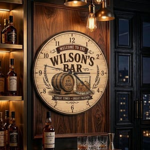 Może przedstawiać: Okrągły drewniany zegar ścienny z napisem 'WELCOME TO THE WILSON'S BAR', 'EST. 2026' oraz 'GREAT TIMES GREAT FRIENDS'. Tarcza zegara przedstawia grafikę drewnianej beczki i szklanki whisky z czarnymi wskazówkami i cyframi.