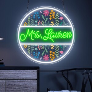 Custom neonbord naam leraar, gepersonaliseerde deurhanger naam leraar, welkomstdecor klaslokaal, welkomstbord leraar, waardering cadeau