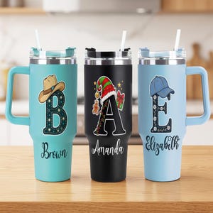Custom Name Initial 40oz Handle Tumbler, Cowboy Christmas Daisy Monogram Stainless Steel Cup, Personalized Birthday Gift Travel Mug