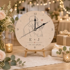 Personalized Couple Portrait Wood Clock, Custom Anniversary Wall Clock, Minimal Line Art Newlywed Gift with Initials and Wedding Date