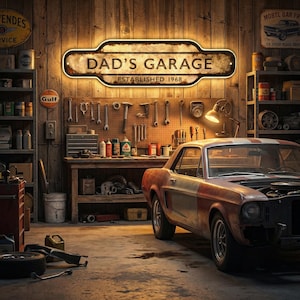 Può includere: Un'insegna da parete rettangolare illuminata con bordi arrotondati che riporta il testo DAD'S GARAGE e ESTABLISHED 1968 in caratteri neri su uno sfondo chiaro e usurato, montata sopra un banco da lavoro in un garage.