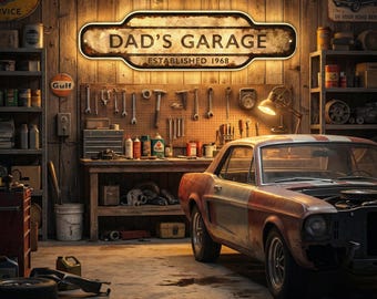 Personalized Vintage Garage Sign Light Box | Custom Rustic Man Cave LED Decor | 3D Printed Mechanic Workshop Light | Father's Day Gift