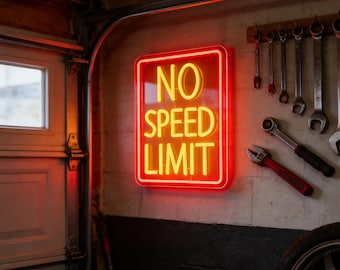 No Speed Limit Neon Sign | Custom Garage Wall Decor | Personalized LED Bar Light | Man Cave Sign | Mechanic Gift | Retro Game Room Art