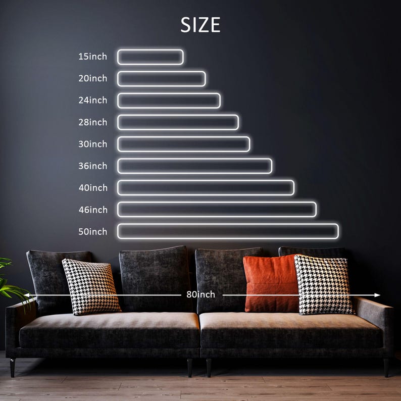 Op de afbeelding: Een maattabel met witte, neon-stijl horizontale balken van verschillende lengtes, gelabeld van 15inch tot 50inch, boven een bank met een aangegeven breedte van 80inch. De tekst SIZE staat gecentreerd bovenaan de afbeelding.