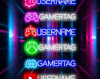 May include: A collection of six horizontal neon-style signs featuring various gaming and social media icons including Twitch, game controllers, Xbox, and YouTube logos, each paired with the placeholder text USERNAME or GAMERTAG in white lettering.