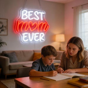 May include: A neon sign with the words "BEST MOM EVER" in white and red. The sign is hanging on a wall. A woman and a child are sitting at a wooden table, with the child writing in a notebook.