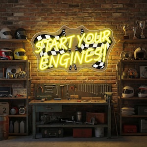 Letrero de neón personalizado "Start Your Engines Racing", luz LED con bandera a cuadros, decoración de pared para garaje, letrero para cueva de hombre, regalo para entusiastas de los autos, arte de F1 NASCAR