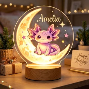 Personalized Axolotl Moon Night Light | Custom Name Kids Lamp | Cute Nursery Bedside Decor | Baby Shower Gift for Girls Bedroom Glow