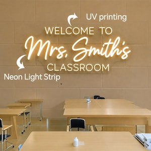 Op de afbeelding: Een wandbord met de tekst WELCOME TO Mrs. Smith's CLASSROOM in oplichtende witte neonletters. Het bord bevat details over UV-bedrukking, met pijlen die wijzen naar de neonlichtstrip en het oppervlak van de UV-bedrukking.