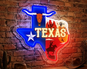 Custom Texas Neon Sign, Western Cowboy Wall Decor, Lone Star Longhorn LED Light, Rustic Home Bar Man Cave Art, Personalized Texan Gift