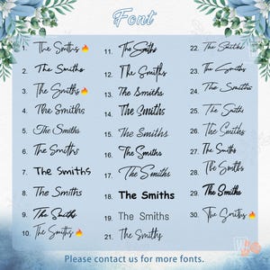 Op de afbeelding: Een lichtblauwe kaart met dertig genummerde lettertypeopties, elk met de tekst The Smiths in verschillende zwarte script-, serif- en schreefloze lettertypen. Sommige vermeldingen bevatten een kleine vuur-emoji. Onderaan staat de tekst Please contact us for more fonts.