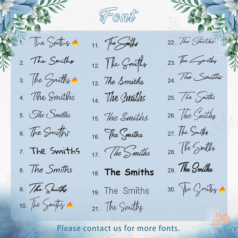 Op de afbeelding: Een lichtblauwe kaart met dertig genummerde lettertypeopties, elk met de tekst The Smiths in verschillende zwarte script-, serif- en schreefloze lettertypen. Sommige vermeldingen bevatten een kleine vuur-emoji. Onderaan staat de tekst Please contact us for more fonts.