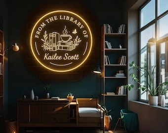 Custom Name Library Neon Sign, Bookshelf Name Sign Neon, Bookworm Gift, Book Lover Gift, Library Decor, Home Library Sign, Bookshelf Decor