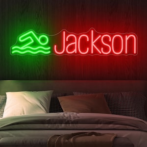 Placa de neon com nome personalizado para crianças, placa de neon para quarto, placa de neon personalizada para natação, piscina para quarto, decoração de quarto de menino, decoração de quarto infantil, decoração de piscina, presente para crianças