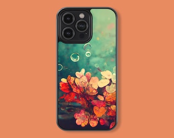 May include: A black phone case with a colorful floral design and a blue and green background. The design features a cluster of flowers with red, orange, and yellow hues, and the background has a watercolor effect with bubbles.