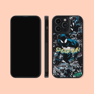 May include: Black phone case with a collage of comic book covers featuring Spider-Man. The case has a black background with a blue and yellow Spider-Man logo.