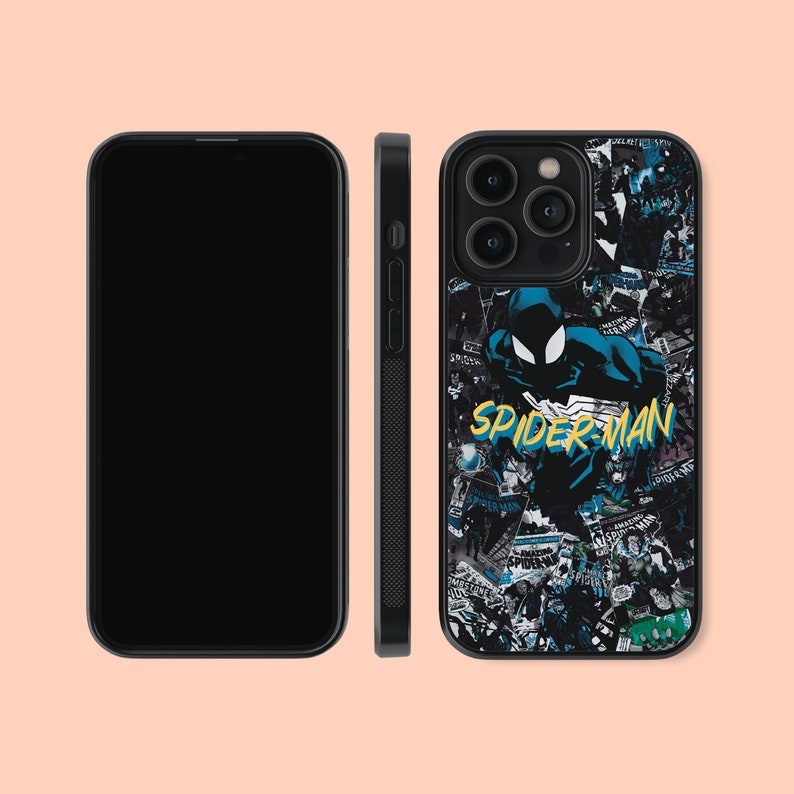 May include: Black phone case with a collage of comic book covers featuring Spider-Man. The case has a black background with a blue and yellow Spider-Man logo.
