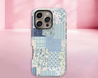 May include: A phone case with a patchwork design in shades of blue and white. The case features a variety of patterns, including floral prints, stripes, and plaid. The case is designed to fit a smartphone with a triple-lens camera.