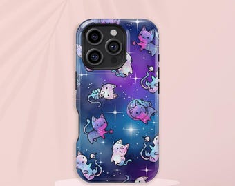May include: A phone case featuring a whimsical space cat design. The case has a dark blue, purple, and pink galaxy background with cartoon cats wearing space helmets and holding stars. The case is designed to fit a smartphone.