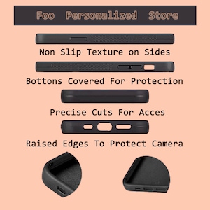 May include: A black phone case with raised edges to protect the camera. The case has a non-slip texture on the sides and precise cutouts for access to the buttons and ports. The text "Foo Personalized Store" is visible at the top of the image.