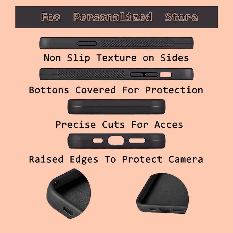 May include: A black phone case with raised edges to protect the camera. The case has a non-slip texture on the sides and precise cutouts for access to the buttons and ports. The text "Foo Personalized Store" is visible at the top of the image.