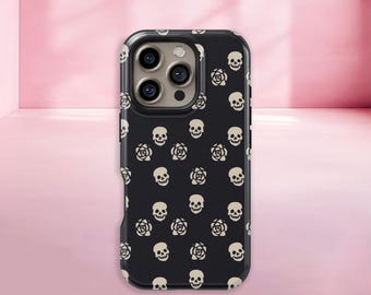 May include: Black phone case with a repeating pattern of off-white skulls and roses. The case has a glossy finish and a protective bumper around the edges. The phone case is designed to fit a smartphone.