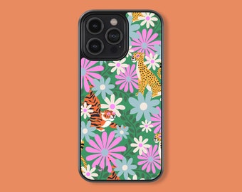 May include: A black phone case with a green, pink, and blue floral pattern featuring tigers and cheetahs.