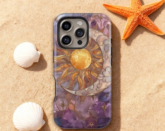Custodia per telefono con design Sole Luna Stella in vetro colorato per iPhone 17 16 15 14 13 12 11 Pro Max, custodia vintage per Samsung S25 S24 S23 S22 S21 S20 Ultra