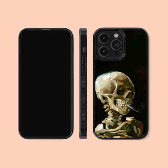 skeleton smoking cigarette phone case Van Gogh Skeleton With Burning Cigarette Design Phone Case Silicone Rubber  Custom Cover for iPhone 14 13 12 Pro Max,samsung Galaxy S23 Ultra