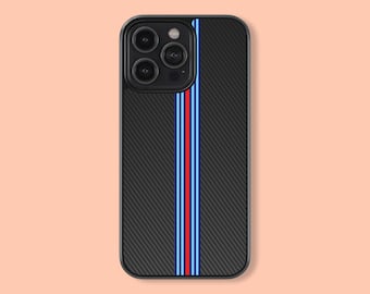 May include: Black phone case with a carbon fiber pattern and a blue, red, and white stripe down the center.