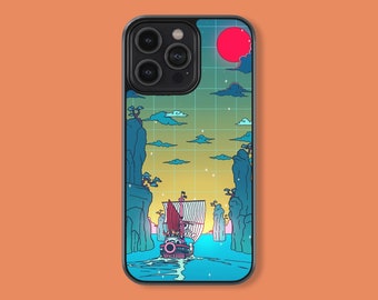 May include: A black iPhone case with a colorful illustration of a ship sailing through a blue and green landscape with a red sun in the background.