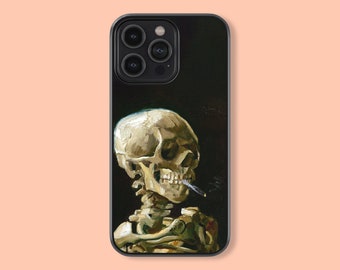 May include: A black iPhone case with a skull and crossbones design. The skull is smoking a cigarette. The case has a black background and a white skull.