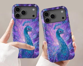 Psychedelic Purple Teal Peacock Design Phone Case For iPhone 17 16 15 14 13 12 11 Pro Plus Mini Max, Samsung S25 S24 S23 S22 S21 Ultra Case