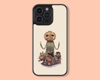 May include: A white iPhone case with a black border and a Halloween-themed design. The design features a jack-o'-lantern with a spooky face and three smaller jack-o'-lanterns with witch hats.