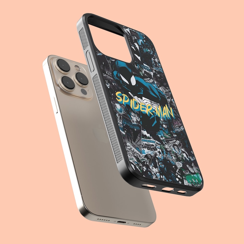 May include: A black phone case with a Spiderman graphic and the text "Spiderman" in yellow letters. The case is designed to fit an iPhone.