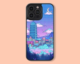 May include: A black phone case with a colorful illustration of a city skyline at night. The illustration features a tall building, smaller buildings, clouds, and a crescent moon. The case has a grid pattern.