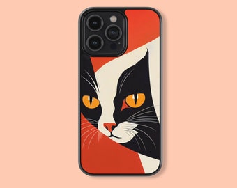 May include: A black phone case with a colorful abstract design featuring a cat's face with orange eyes. The case has a black camera bump with three lenses.