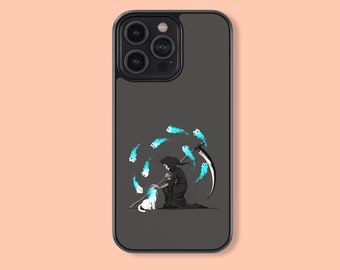 May include: Black phone case with a graphic of a hooded figure holding a scythe and surrounded by glowing blue fish. The figure is petting a white cat.