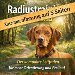 May include: A brown dog with a brown collar is the focal point of this image. The dog is set against a blurred background of a path through a forest. Text in German reads "Radius Training" and "Der kompakte Leitfaden für mehr Orientierung und Freilauf."