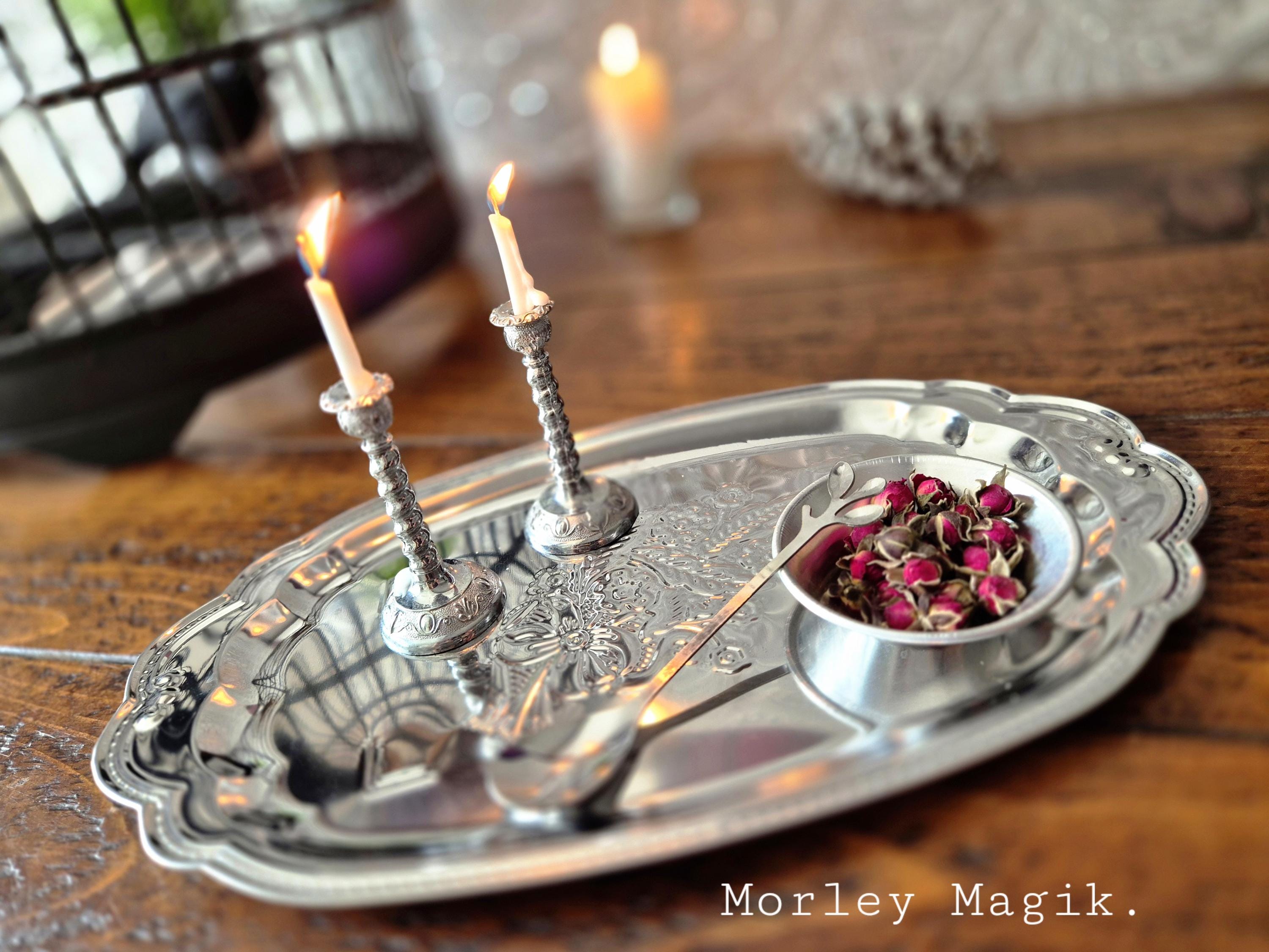 Silver Altar Tray Set & Candlestick Holders, Spell Candle, Rituals