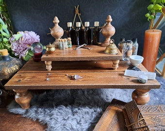 Altar table, meditation altar. Stackable altar with decorative finials.